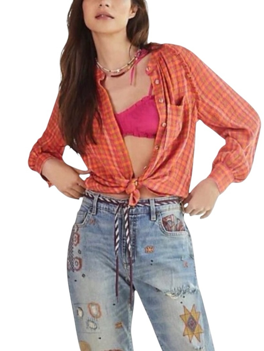 Anthropologie Pilcro Womens Long Sleeve Micro Plaid Button Down Shirt Blouse XL